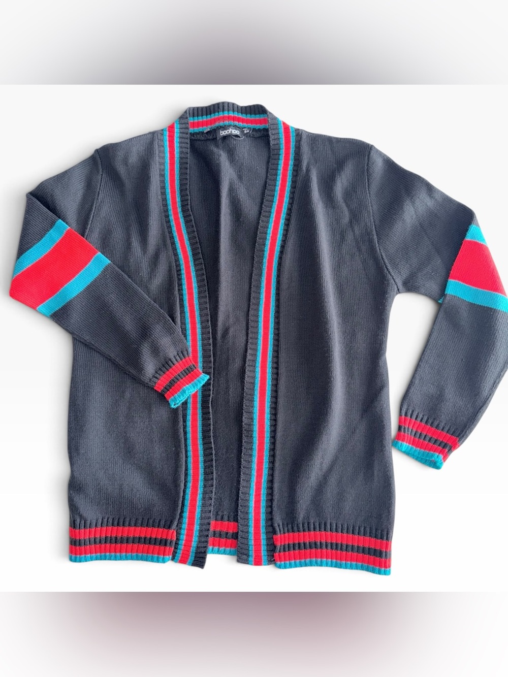 Boohoo Men’s Charcoal Open Cardigan with Red and Teal Stripe Trim